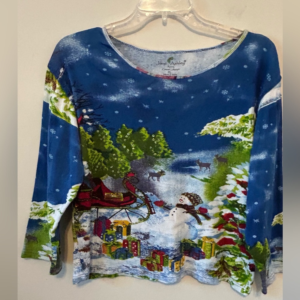 Jane Ashley Women’s PL 3/4 Sleeve Christmas Top Snowman‎ Sleigh Beaded Holiday
